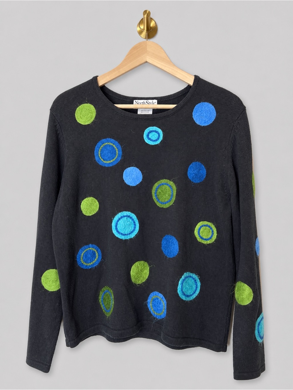 NorthStyle Black Sweater Colorful Felt Polka Dot Appliqué Cotton Knit Pullover